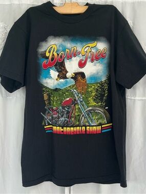 Born-Free Black Crew Neck Bikers Unisex Black Graphic Tee Tour Riders (Size L)